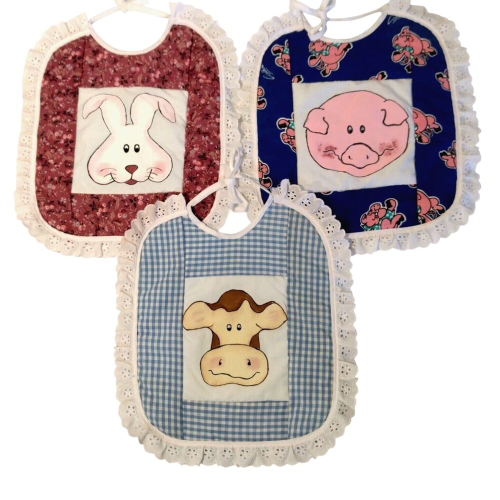 Vintage Homemade Baby Bibs Bib Lot of 3 Lace Eyelet Painted Pig Cow Bunny Animal